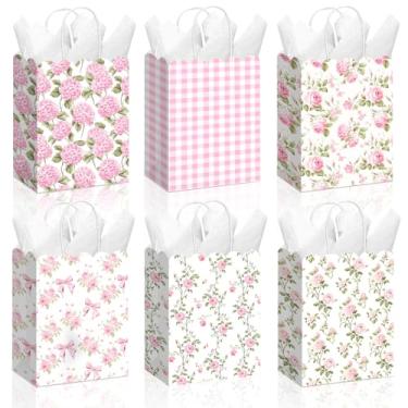 Imagem de Kolldenn 24 peças de sacos de presente florais de hortênsia rosa com alças de flores silvestres para lembrancinhas de festa de doces e guloseimas recortadas para decoração de aniversário para chá de