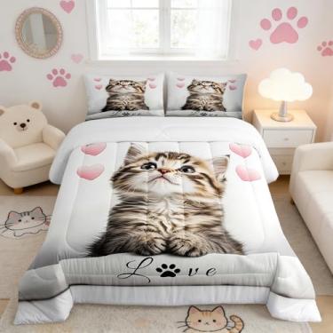Imagem de Castle Fairy Conjunto de cama adorável de gatinho, estampa de gato fofo Kawaii, 3D, para crianças, adolescentes e adultos, rosa gradiente, estilo romântico, conjunto de edredom com 2 fronhas, tamanho