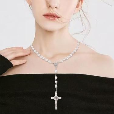Imagem de Colar de rosário de pérola para mulheres, colar católico com medalha e cruz cristã, One Size, Latão, Sem Pedra Preciosa