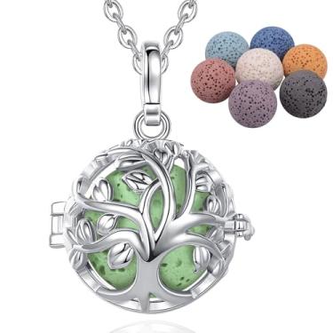 Imagem de INFUSEU Colares de aromaterapia para mulheres, difusor de óleo essencial, joia de pedra vulcânica, pedra de rocha, árvore da vida, pingente de perfume perfumado, medalhão para presentes