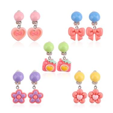 Imagem de Conjunto de 5 Pares de Brincos Pressão Coloridos para Menina, com um Design Delicado Laço Flor Coração e Máquina Fotográfica Joias Estilo Princesa para Oferecer a Meninas (5 Estilos)