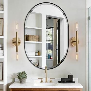 Imagem de POZINO Espelho oval preto, espelho retangular arredondado de 61 cm x 91 cm, espelho de banheiro moderno, espelho de parede de vaidade oblongo em moldura de aço inoxidável premium pendurado na