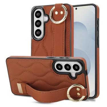 Imagem de Capa para Samsung Galaxy S26 Plus com alça de pulso, elegante capa traseira de couro acolchoado para mulheres, capa fina protetora à prova de choque com suporte e anti-impressão digital (marrom)