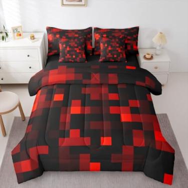 Imagem de jejeloiu Conjunto de edredom Pixelated tamanho casal vermelho neon preto com lençóis, fronhas e capa de almofada, conjunto de cama de 7 peças, supermacio, para decoração de quarto de crianças, meninas