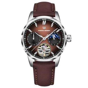 Imagem de Pagani Design Relógio masculino automático de luxo esqueleto turbilhão fase da lua aço inoxidável 100 m pulseira de couro impermeável relógio mecânico masculino, Marrom prateado, Clássico
