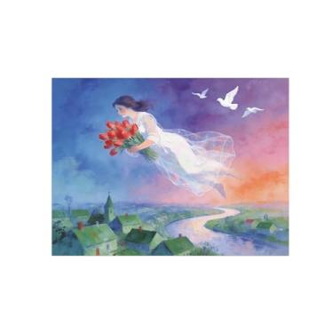 Imagem de Impressão em tela de arte de parede de surrealismo - Menina com flores - Pintura de decoração de paisagem - Imagens para sala de estar 40 x 50 cm 16 x 20 pol sem moldura