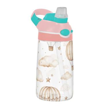 Imagem de xigua Balões de ar quente em aquarela Garrafa de água Tritan com bico de silicone, 480 ml portátil à prova de vazamento com botão bloqueável e alça larga