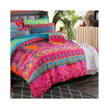 Imagem de Conjunto de capa de edredom boêmio colorido, conjunto de 3 peças de capa de edredom macio e leve com zíper e laços (EUA solteiro - 173 x 229 cm)