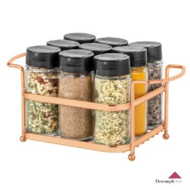 Imagem de Porta Tempero Condimento 9 Potes Vidro Tampa Dosadora Suporte Dourado 