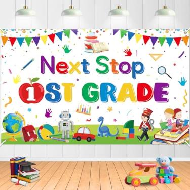 Imagem de Decoração de festa de formatura de jardim de infância Banner Next Stop 1st Grade Kindergarten Congrats Graduate Class of 2024 Banner Photography Background for School Prom Party Supplies, 180 cm x 109