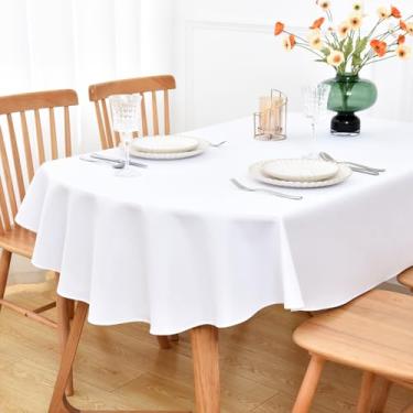 Imagem de NEWISHER Toalha de mesa oval branca 132 x 178 cm, tecido de poliéster resistente, capa de mesa sólida lavável reutilizável para jantar, cozinha, festa, casamento, decoração de mesa interna e externa