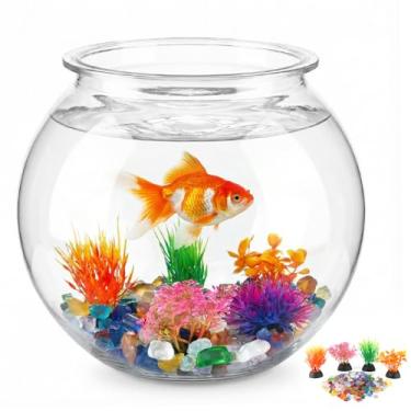 Imagem de Conjunto de aquário de plástico redondo de 1 galão, aquário de plástico transparente para peixes com 5 plantas decorativas e pedras coloridas de 250 ml, aquário pequeno para decoração de casa