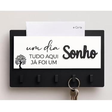 Imagem de Porta Chaves Decorativo de Parede em MDF com 5 Ganchos e Suporte para Cartas, Preto, Design Motivacional Sonho