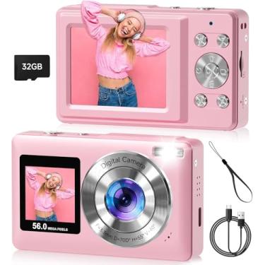 Imagem de Câmera digital, câmera de viagem de tela dupla de 56 MP com foco automático, captura de sorriso, antirvibração, zoom de 16x, cartão SD de 32 GB, câmeras compactas, presente para meninos, meninas e