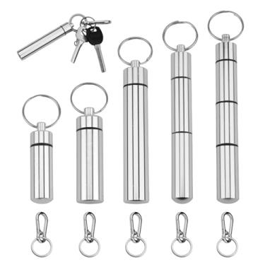 Imagem de Conjunto de 10 porta-pílulas, 5 tamanhos de caixas organizadoras de comprimidos de alumínio com 5 chaveiros prateados premium, organizador de viagem à prova d'água para campistas, tampões de ouvido