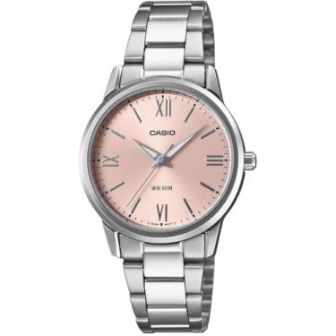 Imagem de Casio LTP-1303DDD-4AV Relógio analógico feminino padrão de aço inoxidável com mostrador rosa romano com 3 ponteiros
