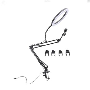 Imagem de Anel de luz superior com clipe de telefone ajustável para mesa de beleza, maquiagem, arte de unhas, transmissão ao vivo, liga de alumínio, braço de 35 cm, 26 cm, cabeça de luz, suporte de telefone de