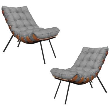 Imagem de Kit 2 Poltronas Decorativas Sala de Estar Abel Base de Madeira Preto Linho Cinza - Gran Belo