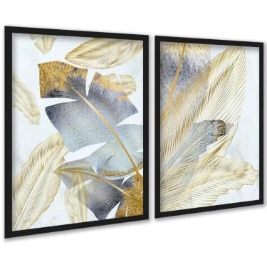 Imagem de Kit 2 Quadros Folhas Bananeiras Cinza E Dourado 33X24Cm