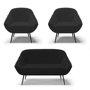 Imagem de Kit 01 Namoradeira 02 Lugares e 02 Poltronas Giovana Linho Preto A79 Pés Palito de Ferro - D'Rossi