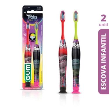Imagem de Escova Dental Infantil Trolls Manual  GUM  2 escovas, Amarelo, Vermelh