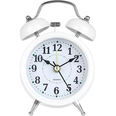 Imagem de Relógio Despertador Retrô Branco Em Metal Com Alarme Mecânico Sino Duplo E Luz Led A Pilha Aa