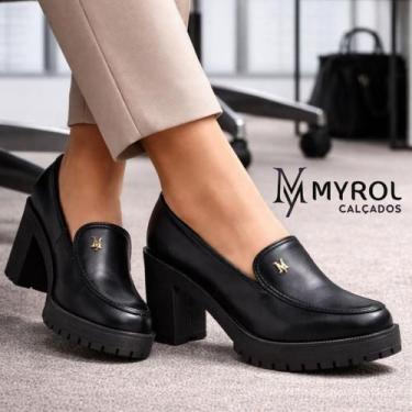 Imagem de Mocassim Feminino Oxford Salto Alto Com Metal Preto - Myrol Outlet, 38