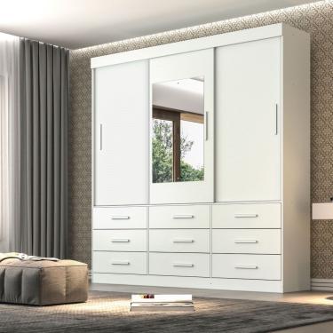 Imagem de Guarda Roupa Casal New Star 3 Portas de Correr 9 Gavetas MDP-MDF com Espelho Branco Sallêto Móveis