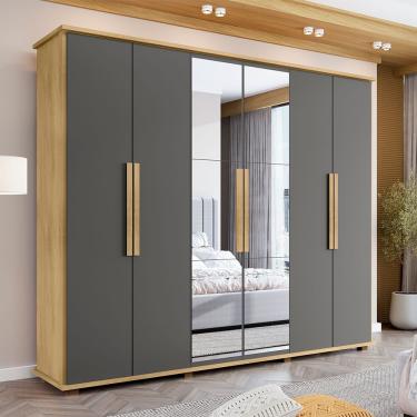 Imagem de Roupeiro Canadá Ii 6 Portas 4 Gavetas Com Espelho Para Quarto Casal Organizador - Cinamomo/ Grafite