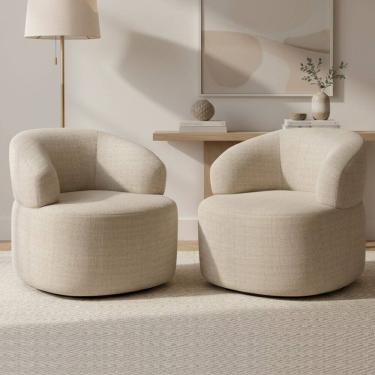 Imagem de Kit 02 Poltronas Giratória Orgânica Para Sala de Estar Living Helena L02 Linho Palha -...