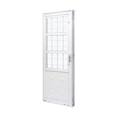 Imagem de Porta de Aço com Postigo 215x83cm com Grade Quadriculada e Vidro Liso 