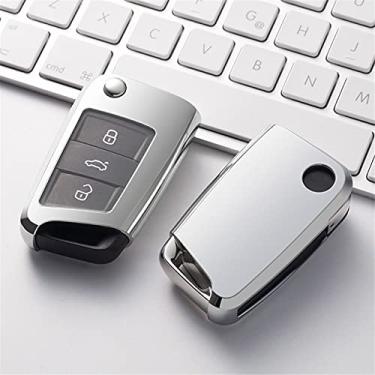 Imagem de WSWJDW TPU 3 botões Porta-chaves do carro inteligente Capa da chave do carro Tampa do chaveiro Porta-chaves com anel, adequado para assento Leon Ibiza MK2 MK3 5F 6L 6J FR Ateca, prata