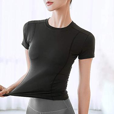 Imagem de yeacher Camiseta feminina de compressão de manga curta elástica de ajuste fino Top de treino atlético para corrida camiseta de ioga