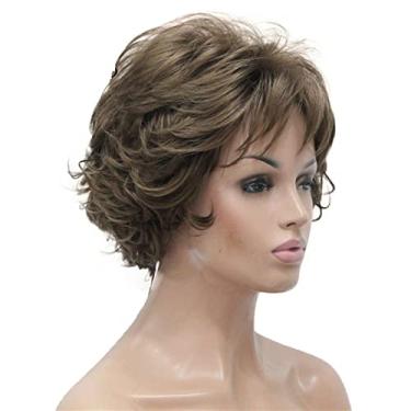 Imagem de Perucas femininas de cabelo sintético curto encaracolado castanho escuro peruca feminina grossa para perucas de cabelo humano diário (cor: 12 castanho claro, comprimento esticado: 20 cm)