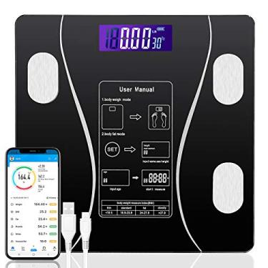 Imagem de Balança de gordura corporal Bluetooth ouMandis, balança inteligente para banheiro com IMC, recarregável por USB, balança de peso digital sem fio, 9 teclas de composição fitness analisador