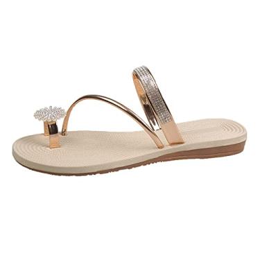 Imagem de Sandálias femininas de pérola com tira plana sandálias casuais para casa sapatos sandálias para mulheres verão, Dourado, 8