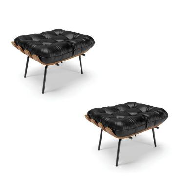 Imagem de Kit 02 Puffs Costela Corano Base Metálica Preto Preto