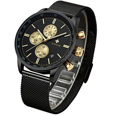Imagem de Relógios masculinos de luxo moda analógico vestido cronógrafo esportes impermeável quartzo relógios de pulso com data de aço inoxidável pulseira relógio com data em ouro preto vermelho, Preto