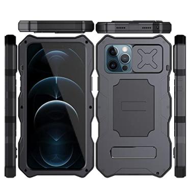 Imagem de Estojo resistente para celular com lente de câmera deslizante para iPhone 12 Pro Max Metal alumínio Bumpers Armor Kickstand Cover, preto, para iphone 12 pro