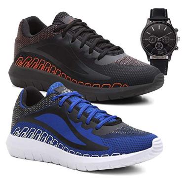 Imagem de Kit 2 Tênis Masculino SPEED Confort Urban Academia + Relógio - PretoVermelho/Azul - 37