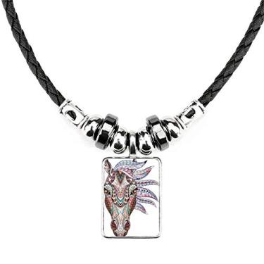 Imagem de DIYthinker Colar com design de cavalo colorido estilo mosaico joia torque pingente de corda de couro
