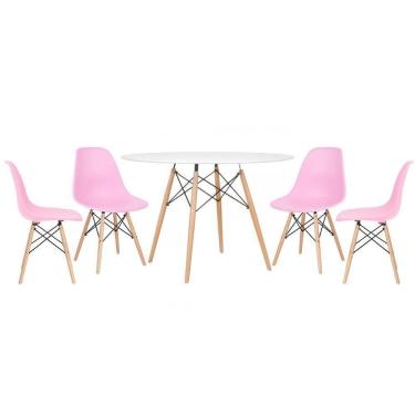 Imagem de Mesa Redonda Eames 120cm Branco + 4 Cadeiras Rosa Claro