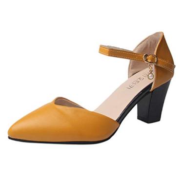 Imagem de Sandálias de salto femininas salto grosso fivela tira cristal sólido dedo feminino sapatos casuais moda salto alto feminino pontiagudo (amarelo, 5,5)