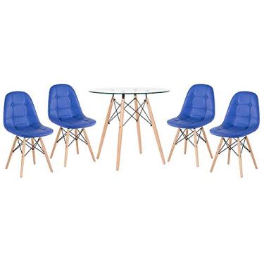 Imagem de Loft7, Kit Mesa de vidro Eames 80 cm + 4 cadeiras Eames Botonê Azul