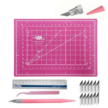 Imagem de Kit Base de Corte Pequena A-5 Régua 15cm Estilete de Precisão com Refil Pinça Para Patchwork Artesanato Scrapbook