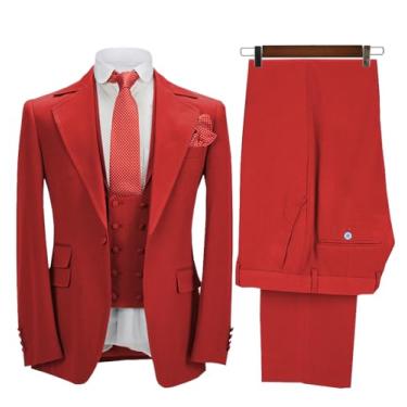 Imagem de Aesido Ternos masculinos regulares, 3 peças, caimento justo, com um botão, para festa de casamento, negócios, smoking, blazer, colete e calça, Vermelho, 4X-Large