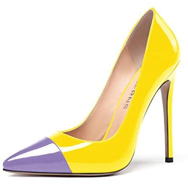 Imagem de WAYDERNS Sapatos femininos de salto alto stiletto de couro envernizado de ponta fina para festas de casamento 4,7 cm, Amarelo lavanda, 9.5