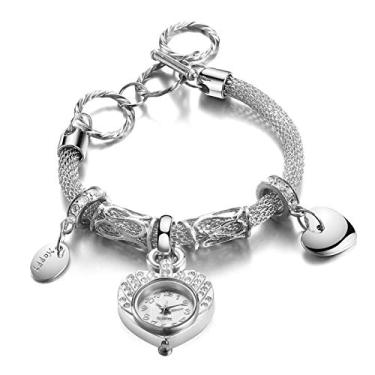 Imagem de Relógio feminino de moda criativa personalidade pulseira retrô relógio de quartzo relógio analógico pulseira de liga de leitura pulseiras de leitura, Prata, One Size