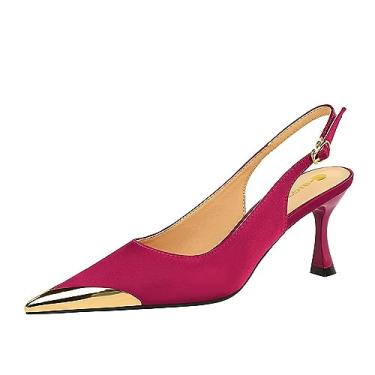 Imagem de YGJKLIS Sandália feminina de salto alto bico fino tira posterior stiletto 7 cm cetim festa noite vestido sapatos, Vinho tinto, 7