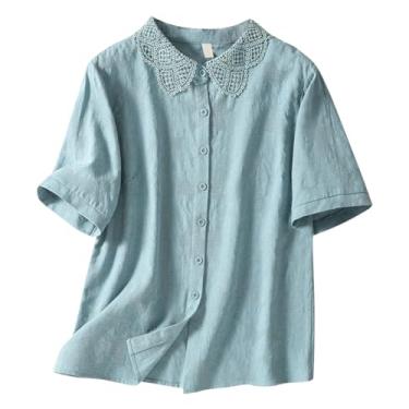 Imagem de ZHONKUI Blusas femininas jacquard renda lapela gola manga curta botões blusas linho primavera verão 2024, Azul, GG